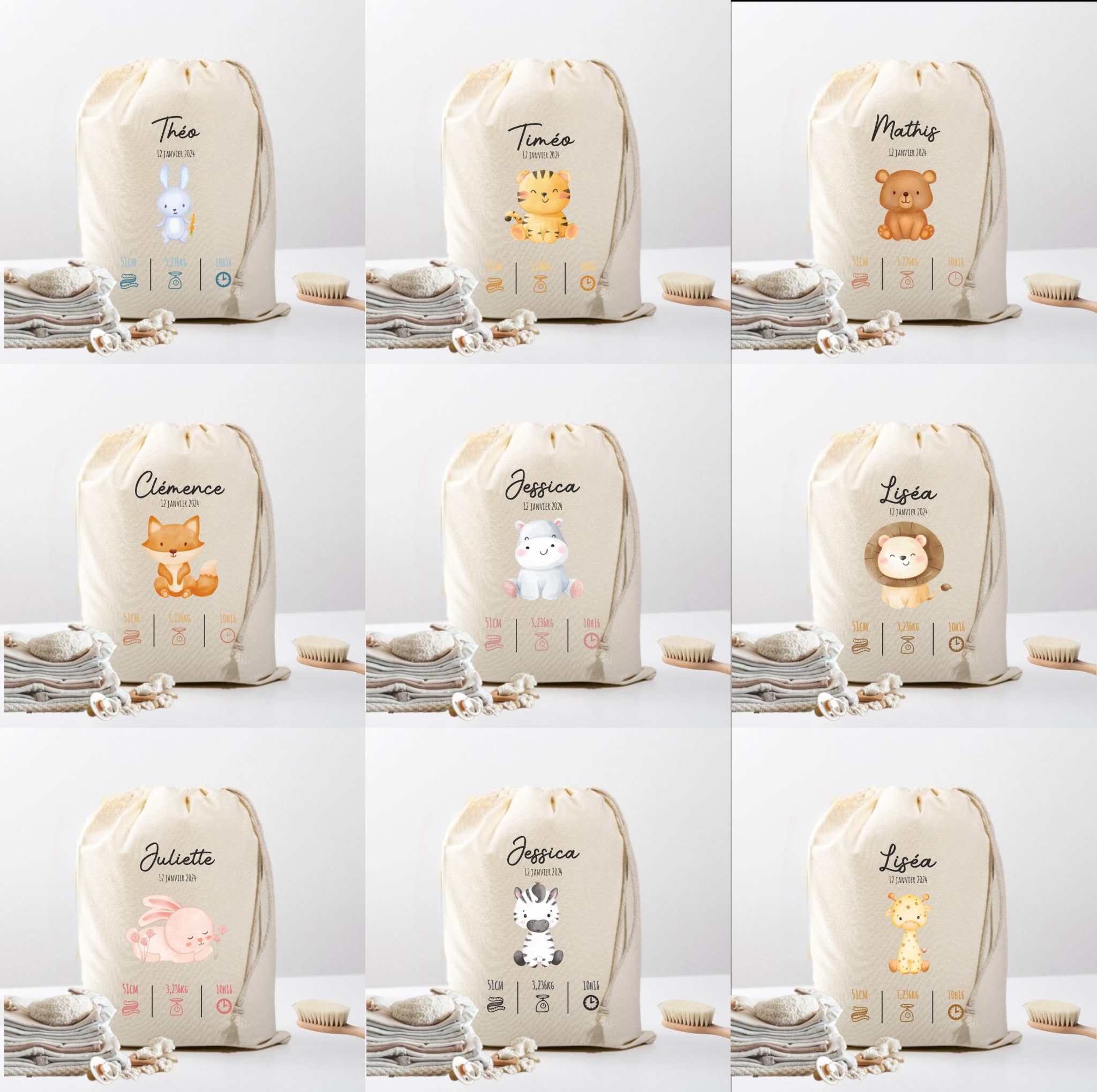 Pochon affaires bébé - cadeau personnalisé bébé, pochon affaire bébé souvenir, sac d'affaires , sac prénom bébé, cadeau naissance prénom — cadeau bébé