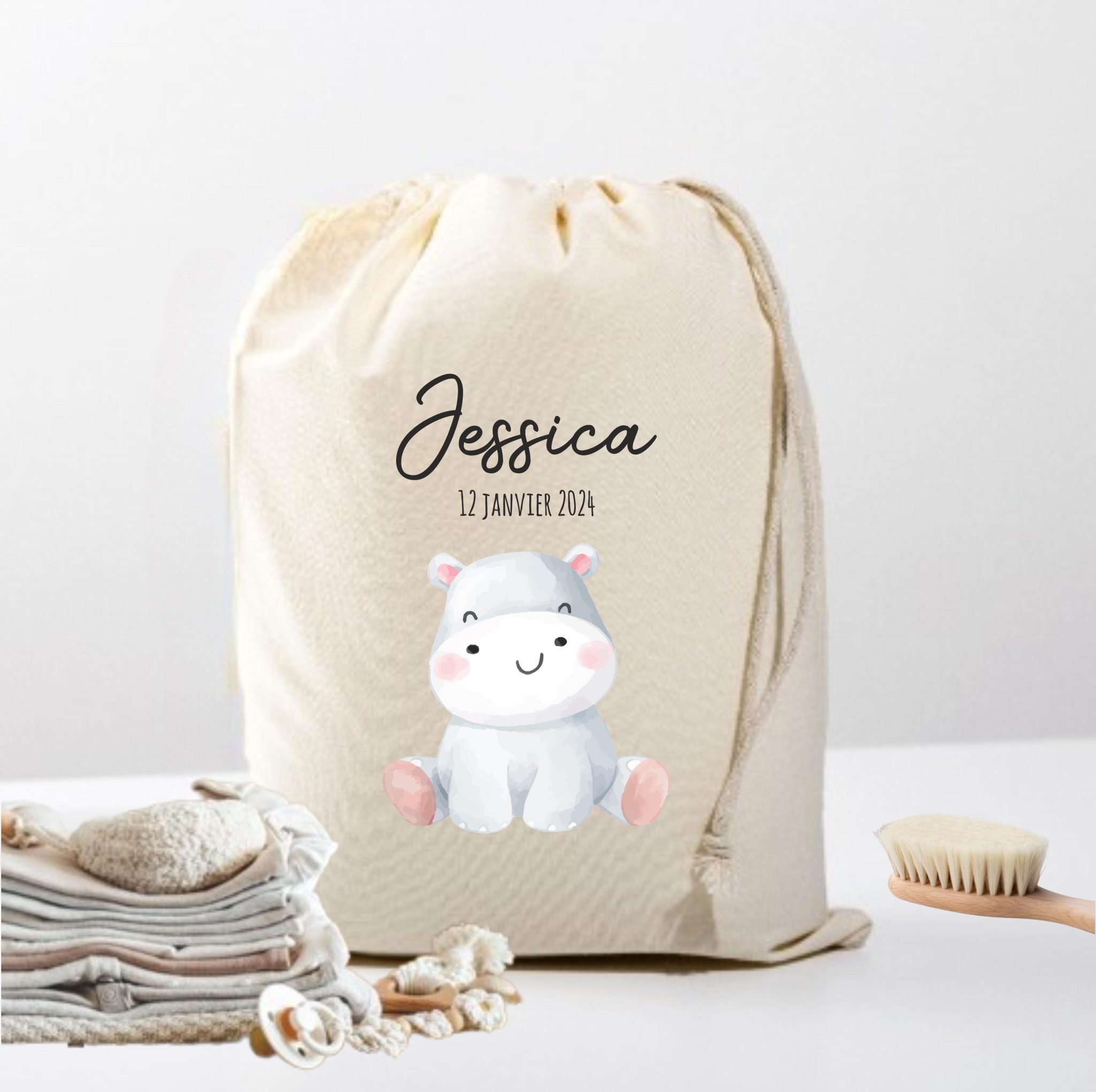 Pochon affaires bébé - cadeau personnalisé bébé, pochon affaire bébé souvenir, sac d'affaires , sac prénom bébé, cadeau naissance prénom — pochon bébé