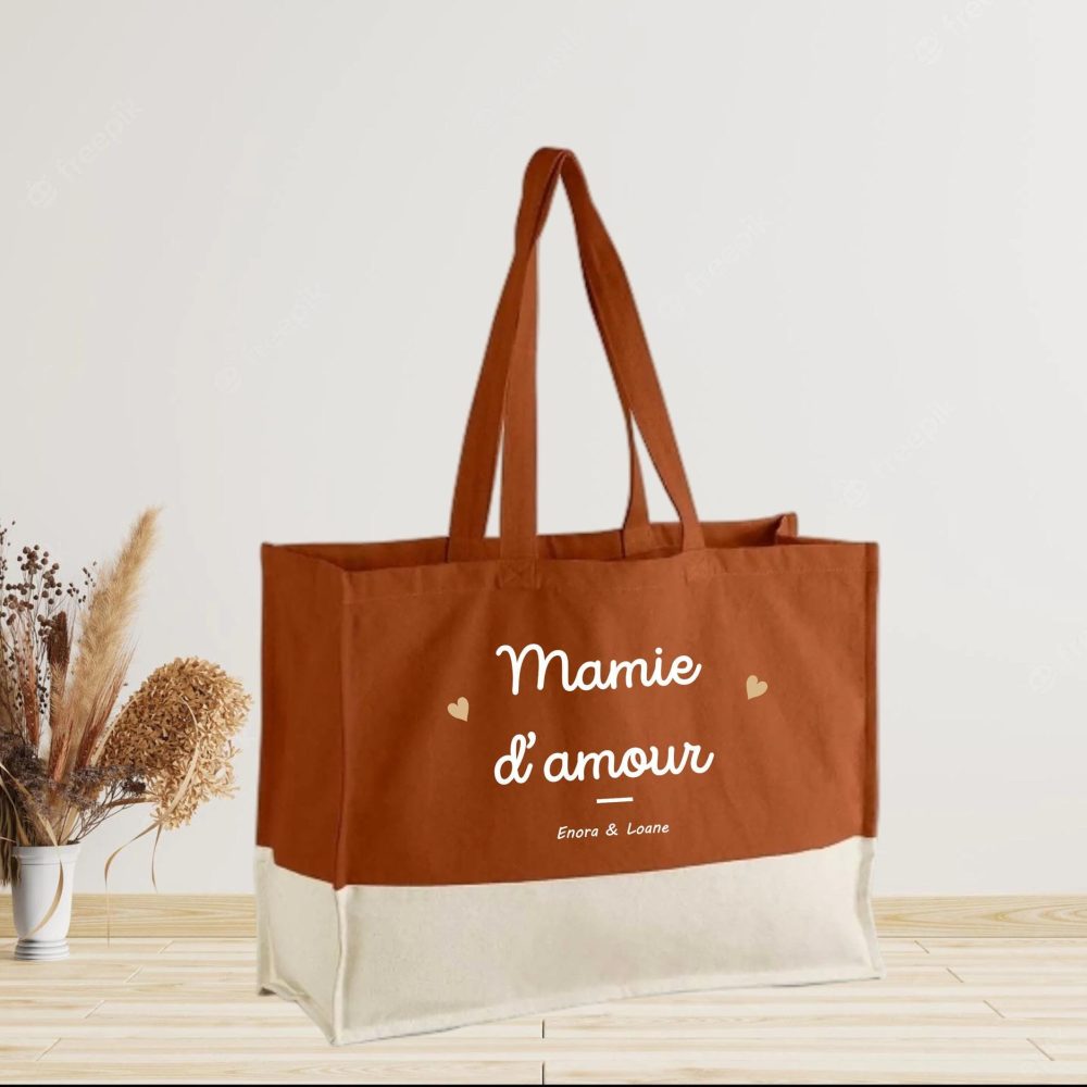Grand sac cabas personnalisé mamie d'amour - cadeau fête des grands-mères, cadeau mamie personnalisé, anniversaire mamie, idée cadeau mamie