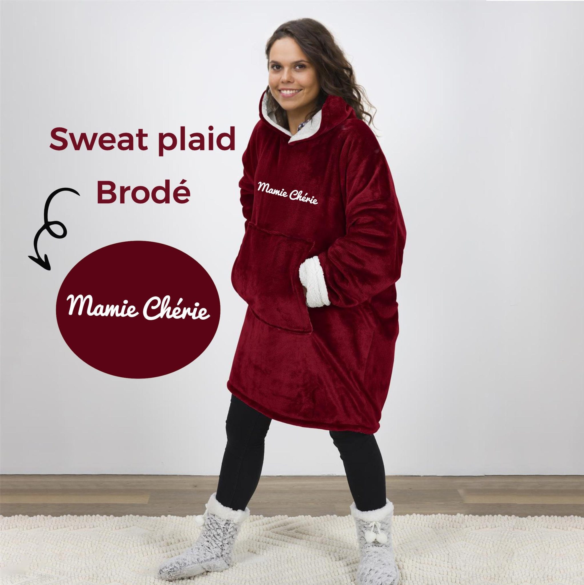 Sweat-plaid personnalisé cadeau mamie brodé - cadeau anniversaire mamie, cadeau fête des grands-mères, idée cadeau personnalisé mamie — sweat plaid brodé