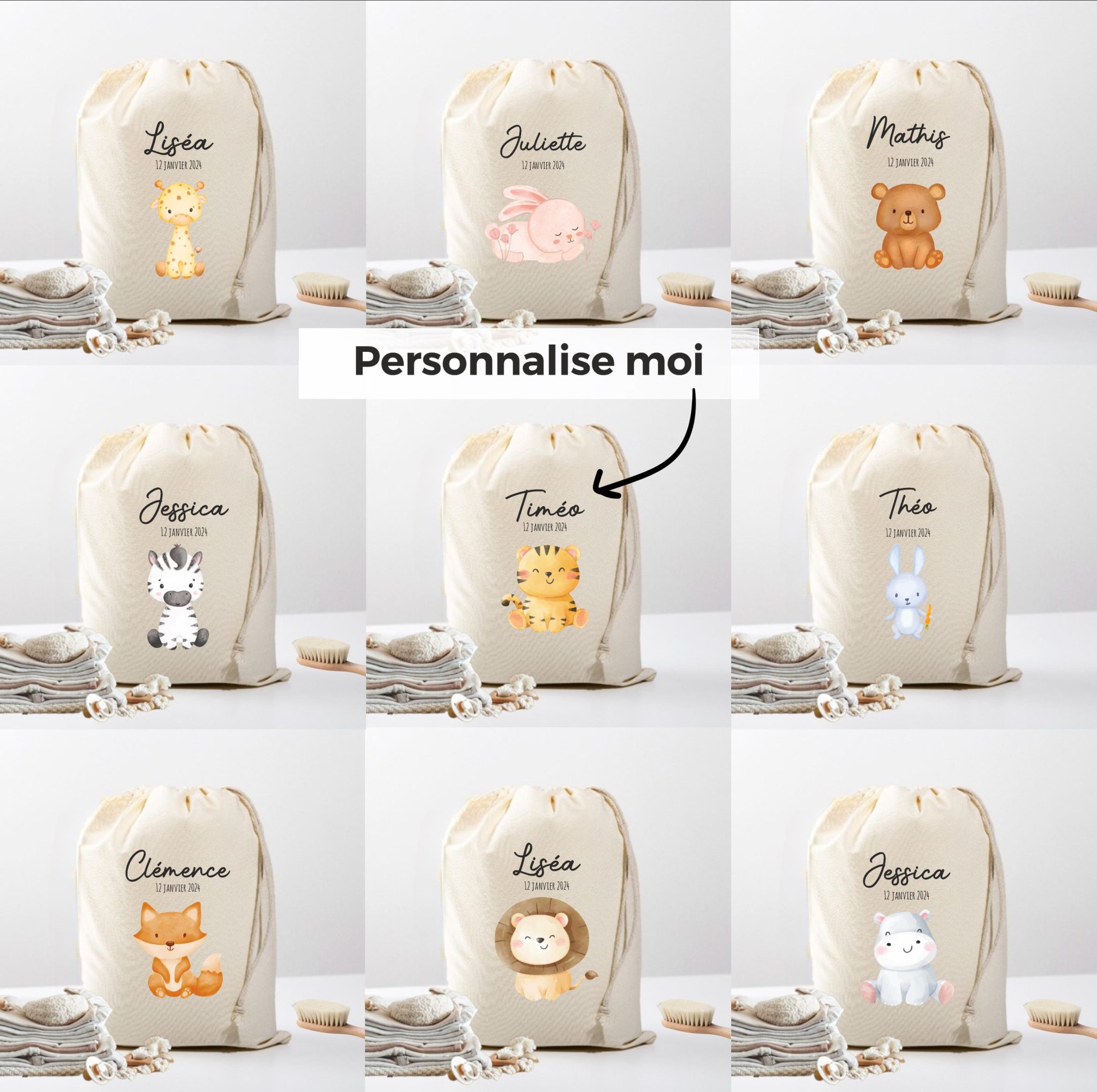 Pochon affaires bébé - cadeau personnalisé bébé, pochon affaire bébé souvenir, sac d'affaires , sac prénom bébé, cadeau naissance prénom — naissance personnalisé