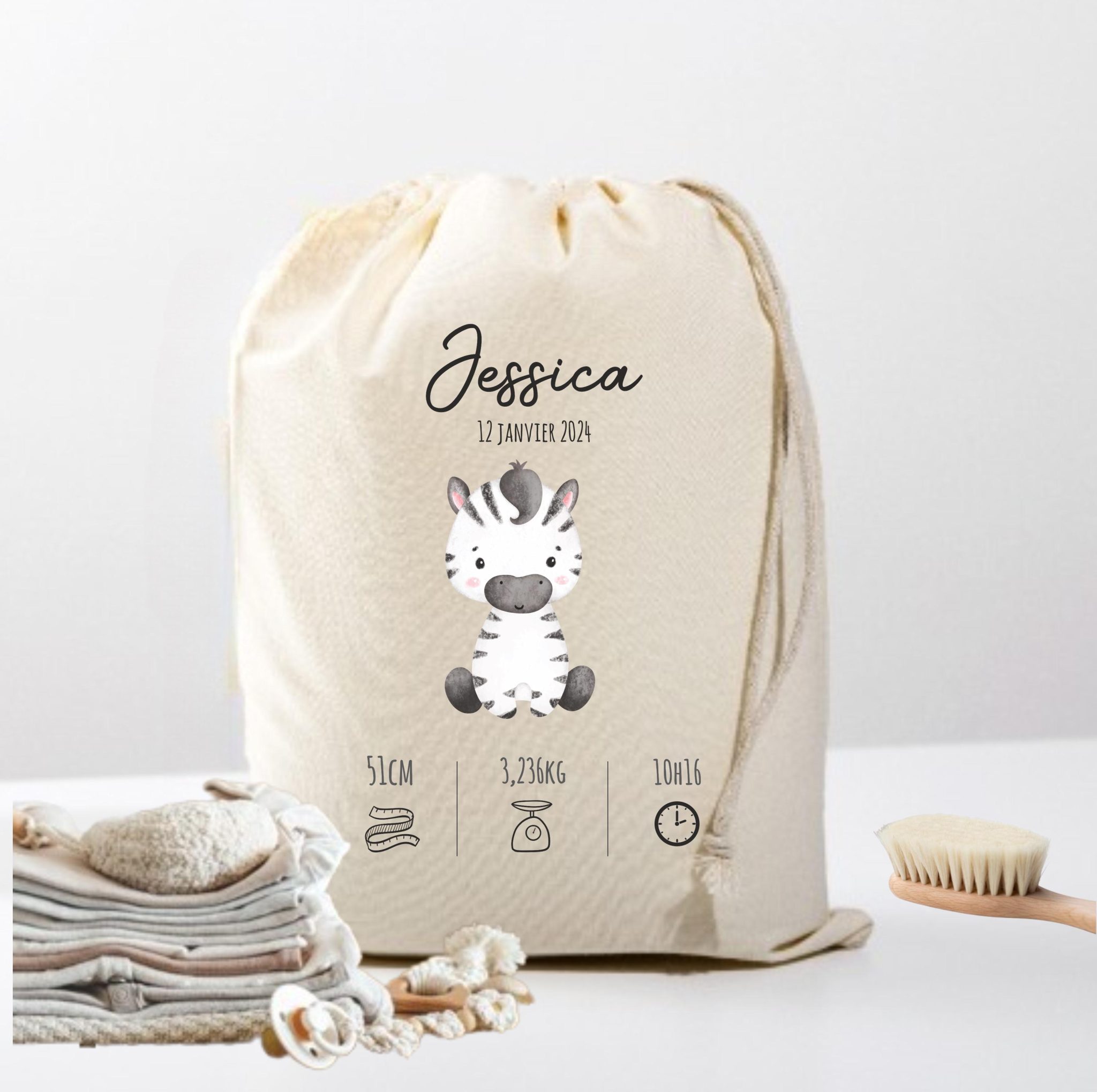 Pochon affaires bébé - cadeau personnalisé bébé, pochon affaire bébé souvenir, sac d'affaires , sac prénom bébé, cadeau naissance prénom — naissance fille