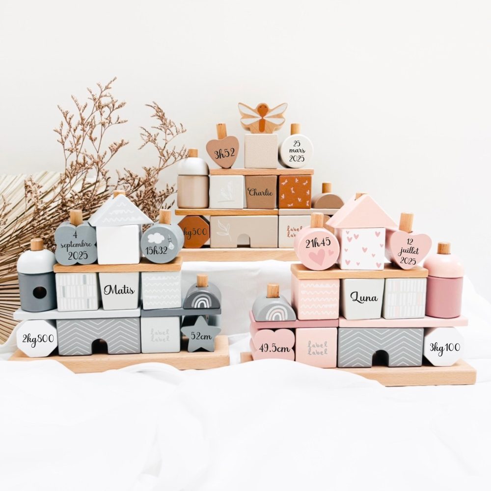 Jouet bébé personnalisé naissance maison cube bois à empiler - Cadeau de naissance personnalisé, Cadeau bebe, Jouet bebe personnalisé
