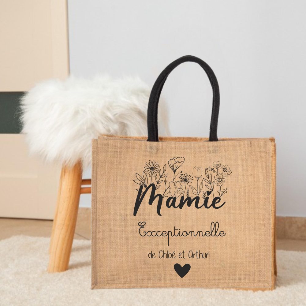 Sac en jute "Mamie Exceptionnelle" personnalisé avec le prénom des petits enfants - Fête des Grands-mères, Cadeau mamie, Fête Mamie
