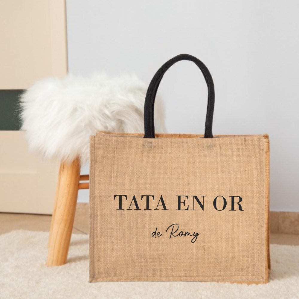 Sac en jute "Tata en Or" personnalisé - Cadeau pour tata, anniversaire tata, idée cadeau personnalisé tata, noël tata