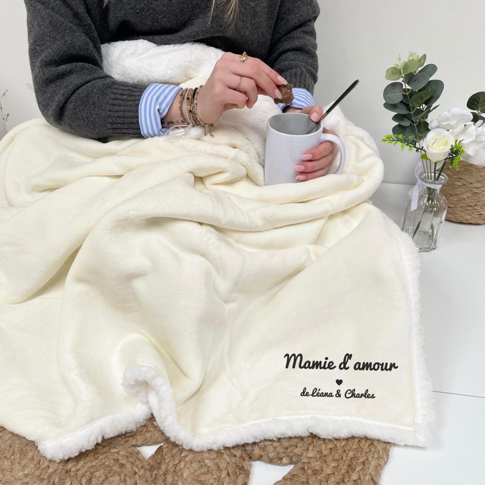Cadeau personnalisé mamie Plaid polaire brodé, cadeau Fête des mamies - Cadeau mamie personnalisé, noël ou anniversaire mamie, plaid sherpa