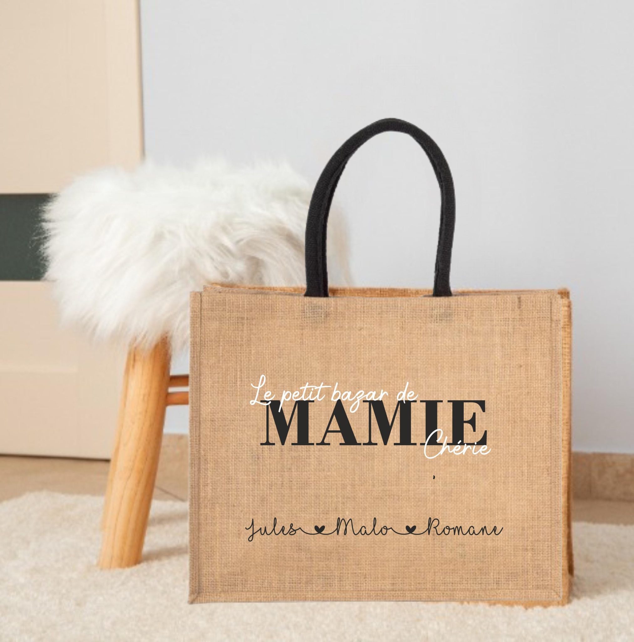 Sac en jute personnalisé "Le Petit Bazar de Marraine Chérie"- Cadeau marraine personnalisé, anniversaires marraine, Sac marraine — idée cadeau