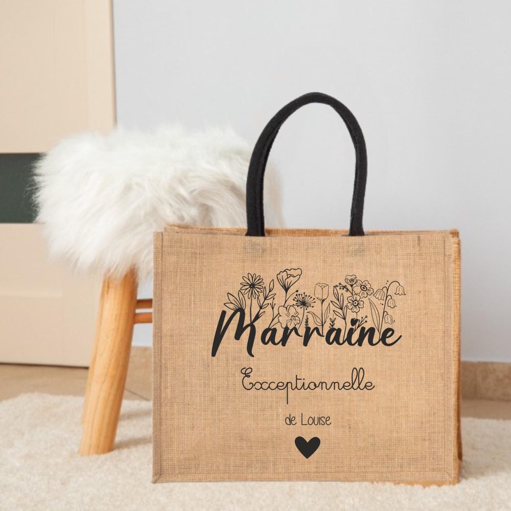 Sac en jute "Marraine Exceptionnelle" personnalisé avec le prénom de l'enfants - cadeau marraine, anniversaire marraine, cadeau personnalisé