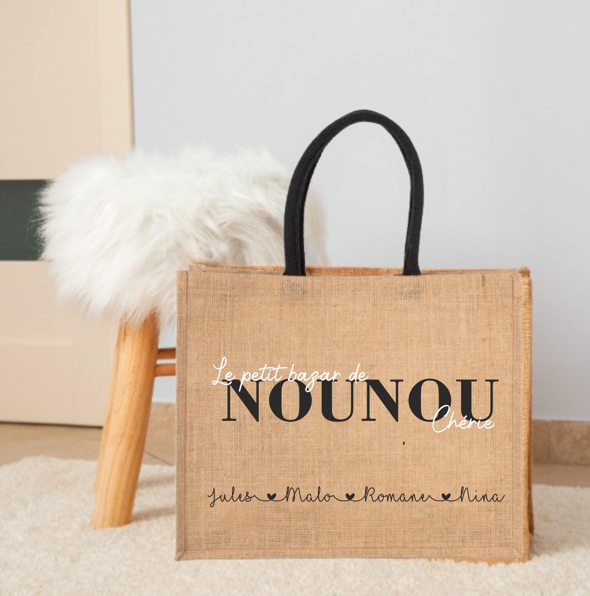 Sac en jute personnalisé "Le Petit Bazar de Marraine Chérie"- Cadeau marraine personnalisé, anniversaires marraine, Sac marraine — cadeau marraine