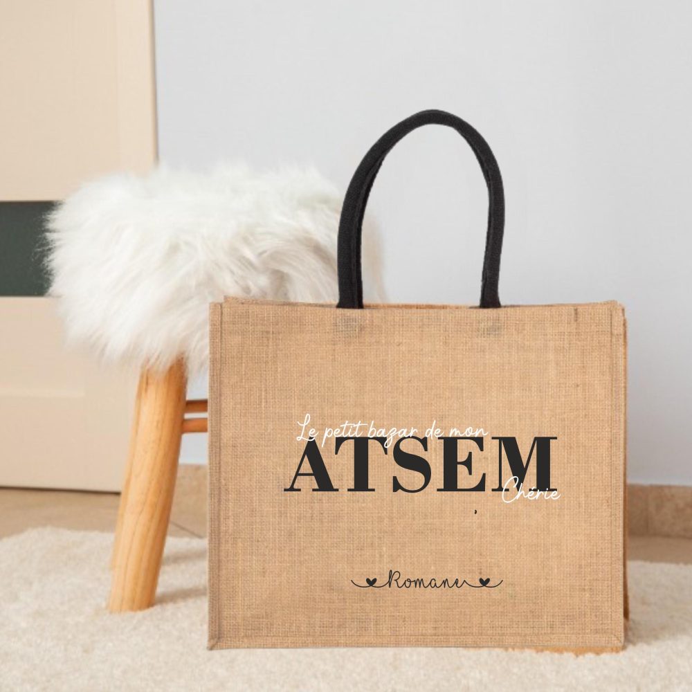 Sac en jute personnalisé "Le Petit Bazar de mon ATSEM Chérie"- Cadeau atsem personnalisé, Sac atsem, cadeau de fin d'année atsem