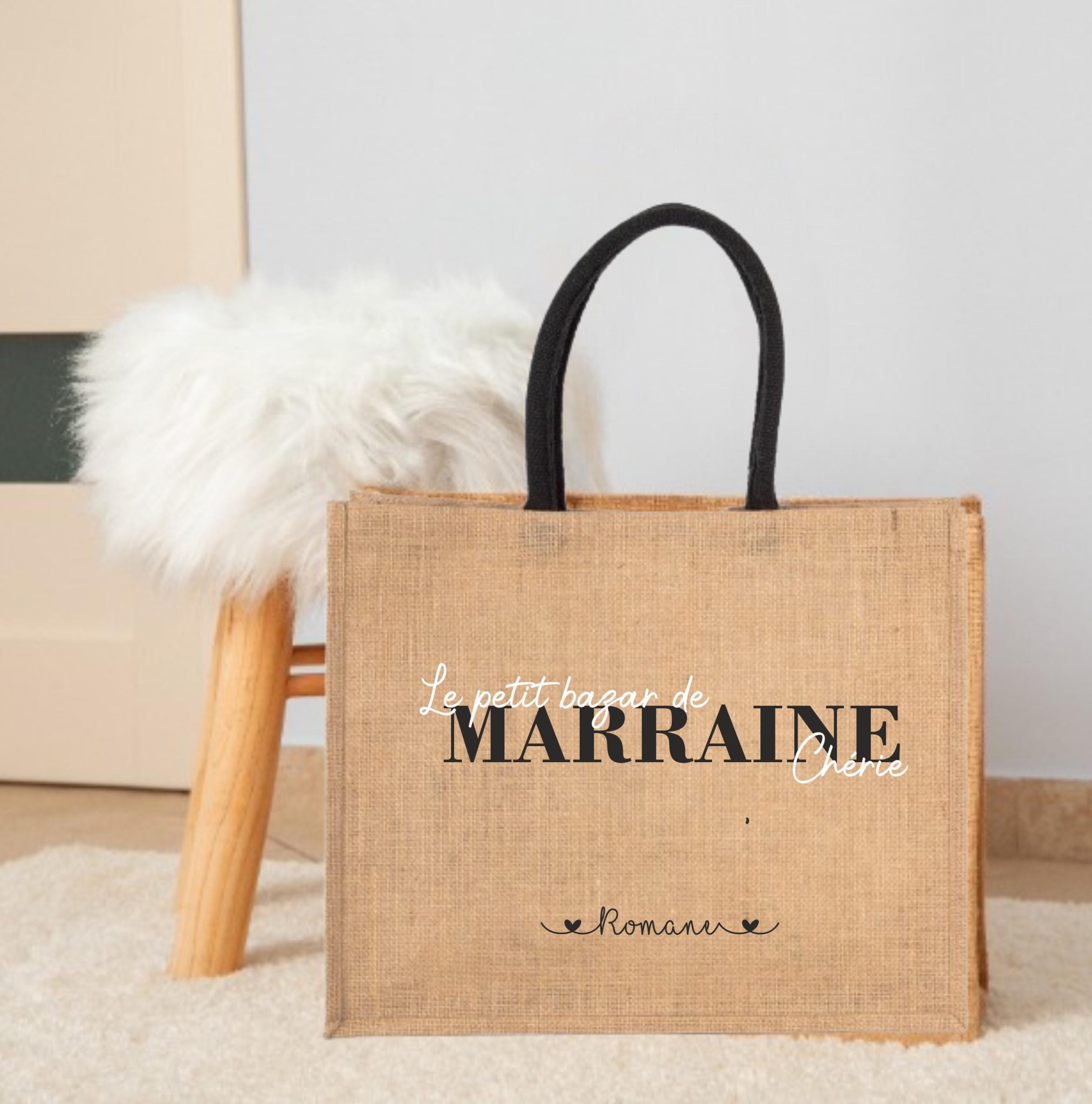 Sac en jute personnalisé "Le Petit Bazar de Marraine Chérie"- Cadeau marraine personnalisé, anniversaires marraine, Sac marraine