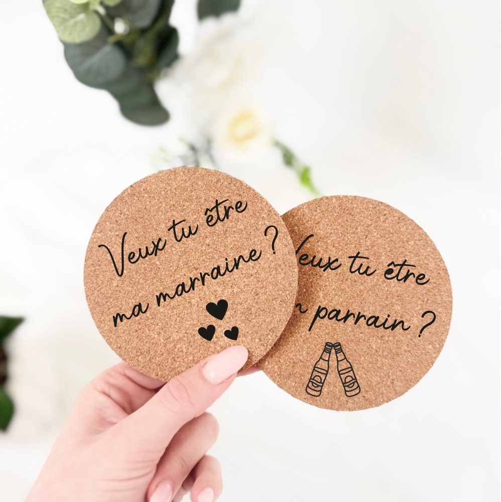 Lot de 2 sous-verres en liège- Demande futur Parrain/Marraine, annonce parrain et marraine, sous-verre personnalisé, annonce personnalisé