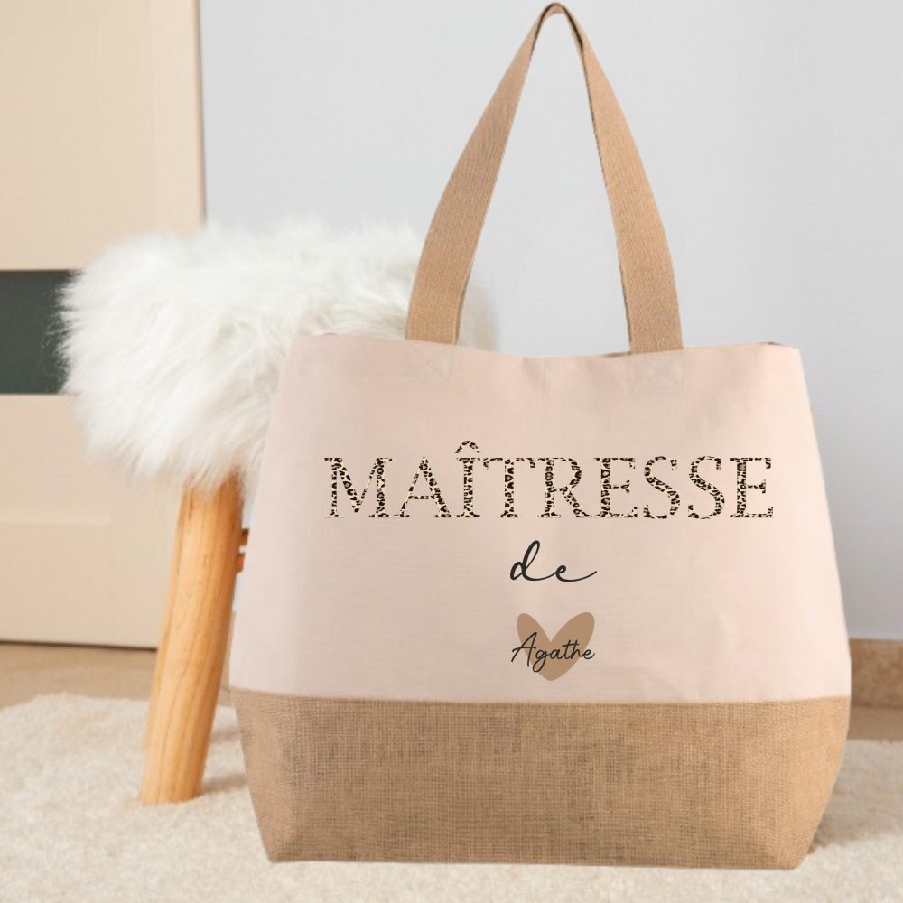 Sac personnalisé Maitresse, cadeau Maitresse, anniversaire Maitresse, cadeau de noël, sac pour Maitresse, existe en mamie marraine nounou...