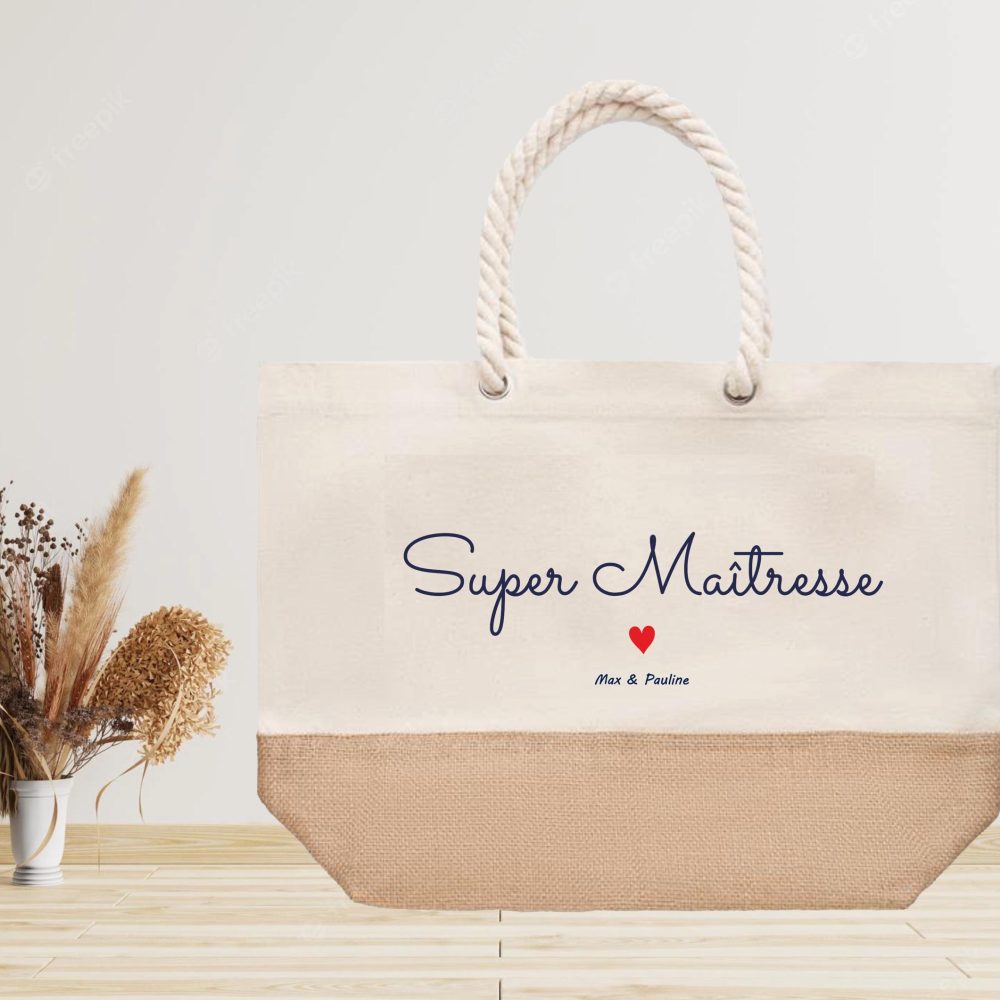 Grand sac cabas à personnaliser Super Maitresse, Anniversaire maîtresse, cadeau remerciement, Noël maîtresse, cadeau fin d'année