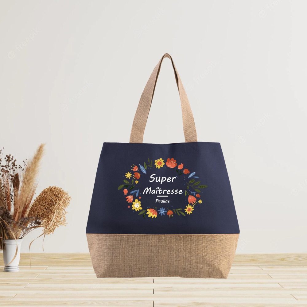 Grand sac cabas en jute à personnaliser Maîtresse - cadeau fin d'année - cadeau maîtresse - cadeau personnalisé maitresse