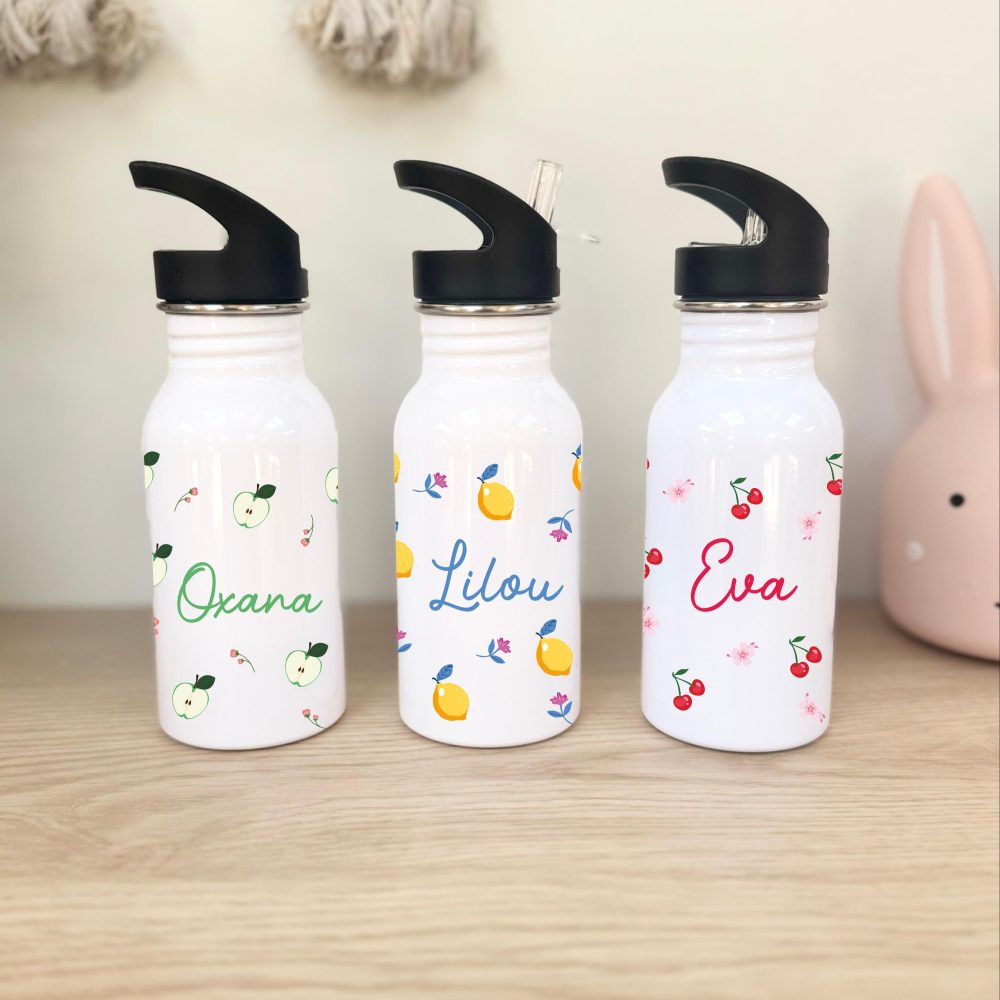 Gourde personnalisée école - Rentrée scolaire, bouteille enfant, goûter accessoire, gourde fruit, sortie enfant, gourde avec paille pratique