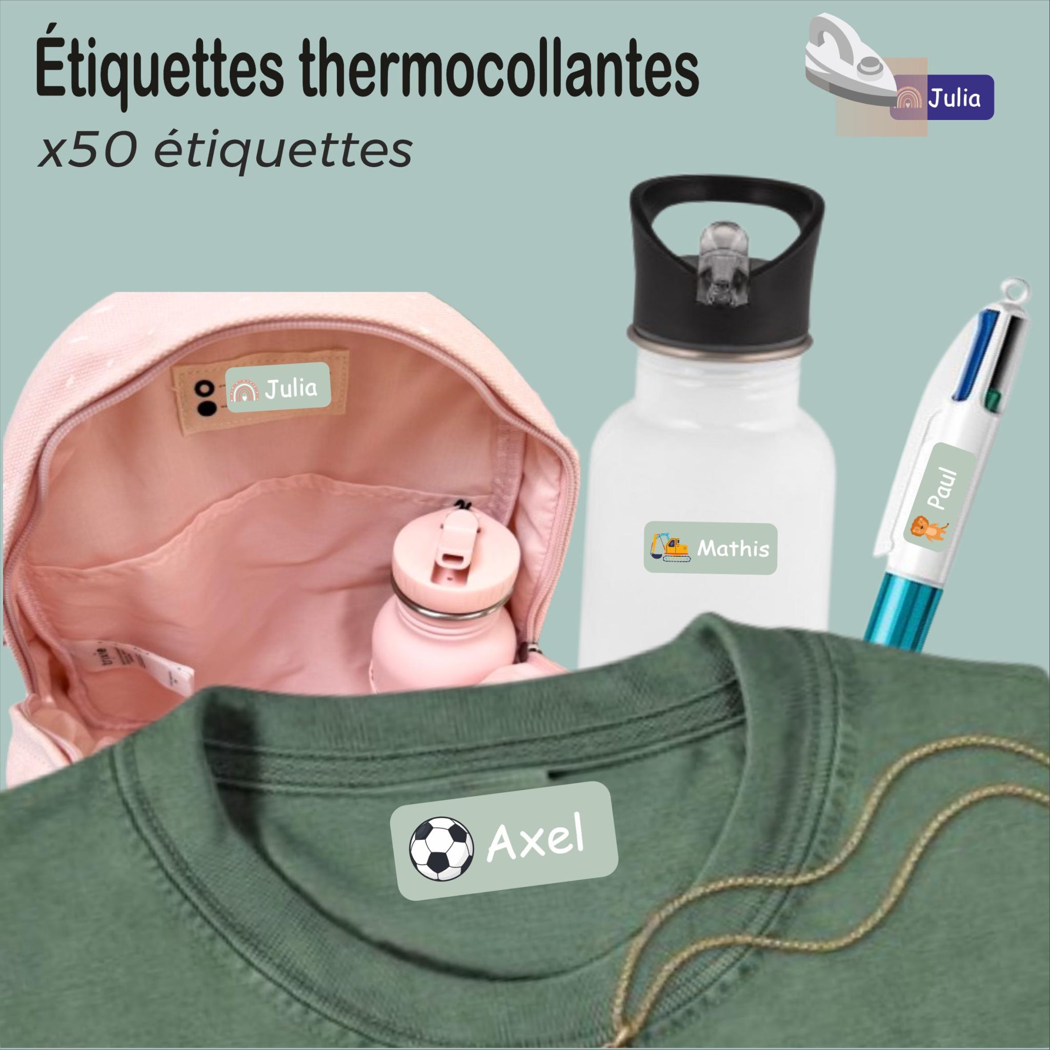 Etiquettes prénoms vêtements ou objets, étiquettes thermocollantes vêtement, étiquette personnalisée école enfant, étiquette prénom enfant — Repère vêtement enfant