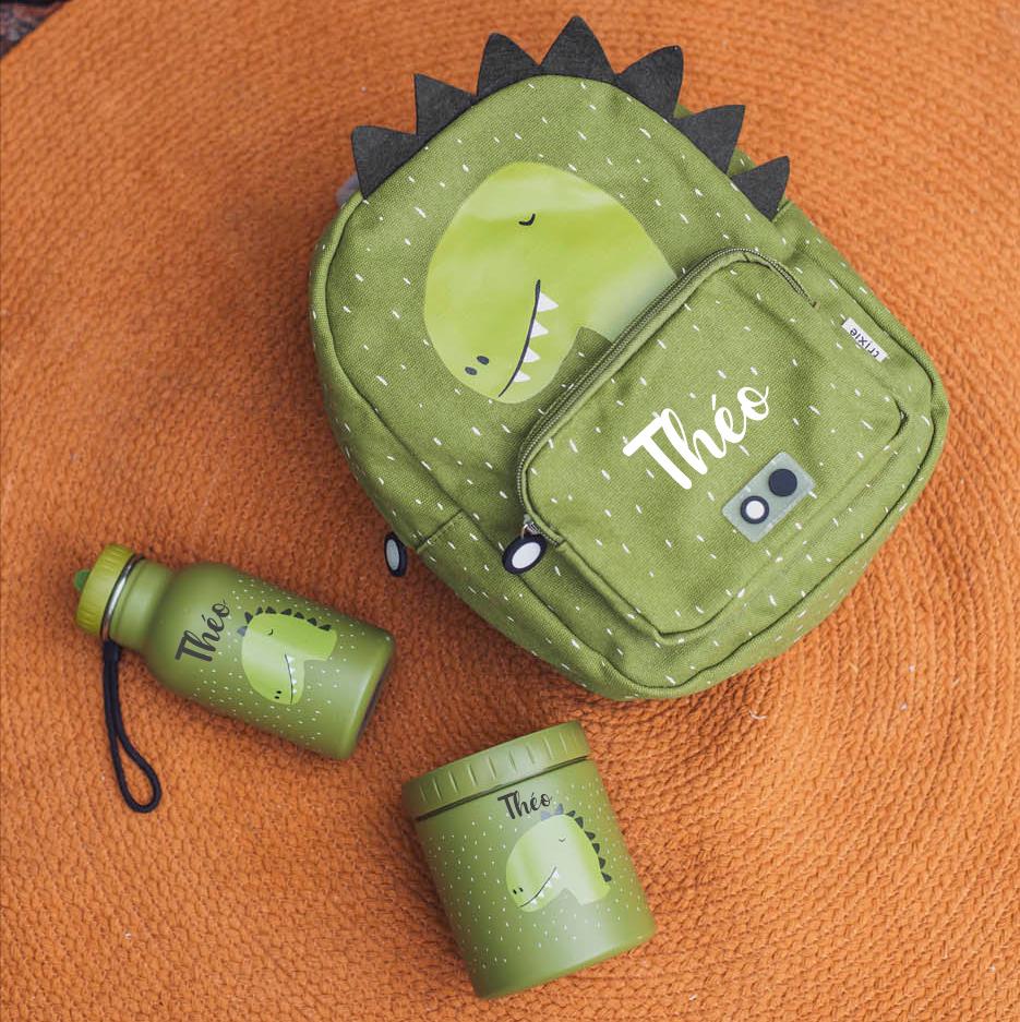 sac à dos enfant, kit rentrée scolaire et nounou, boite repas dinosaure, gourde dinosaure trixie personnalisé, gourde enfant sac nounou