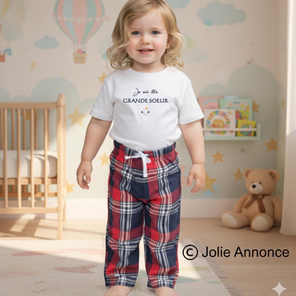 Ensemble enfant annonce grossesse/je vais être grande sœur/pyjama personnalisé annonce bébé, T-shirt et pantalon tartan, idée 2ème grossesse