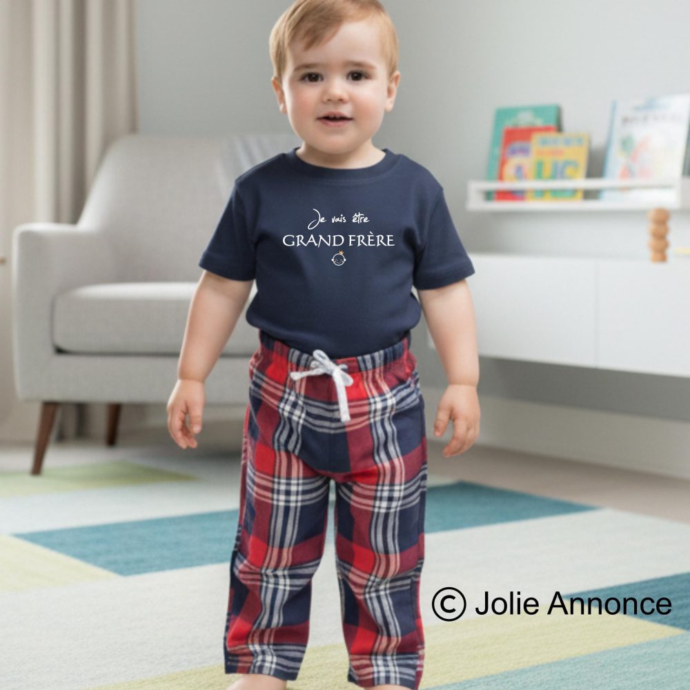 Ensemble enfant annonce grossesse/je vais être grand frère/tenue personnalisée annonce bébé, T-shirt et pantalon tartan, idée 2ème grossesse