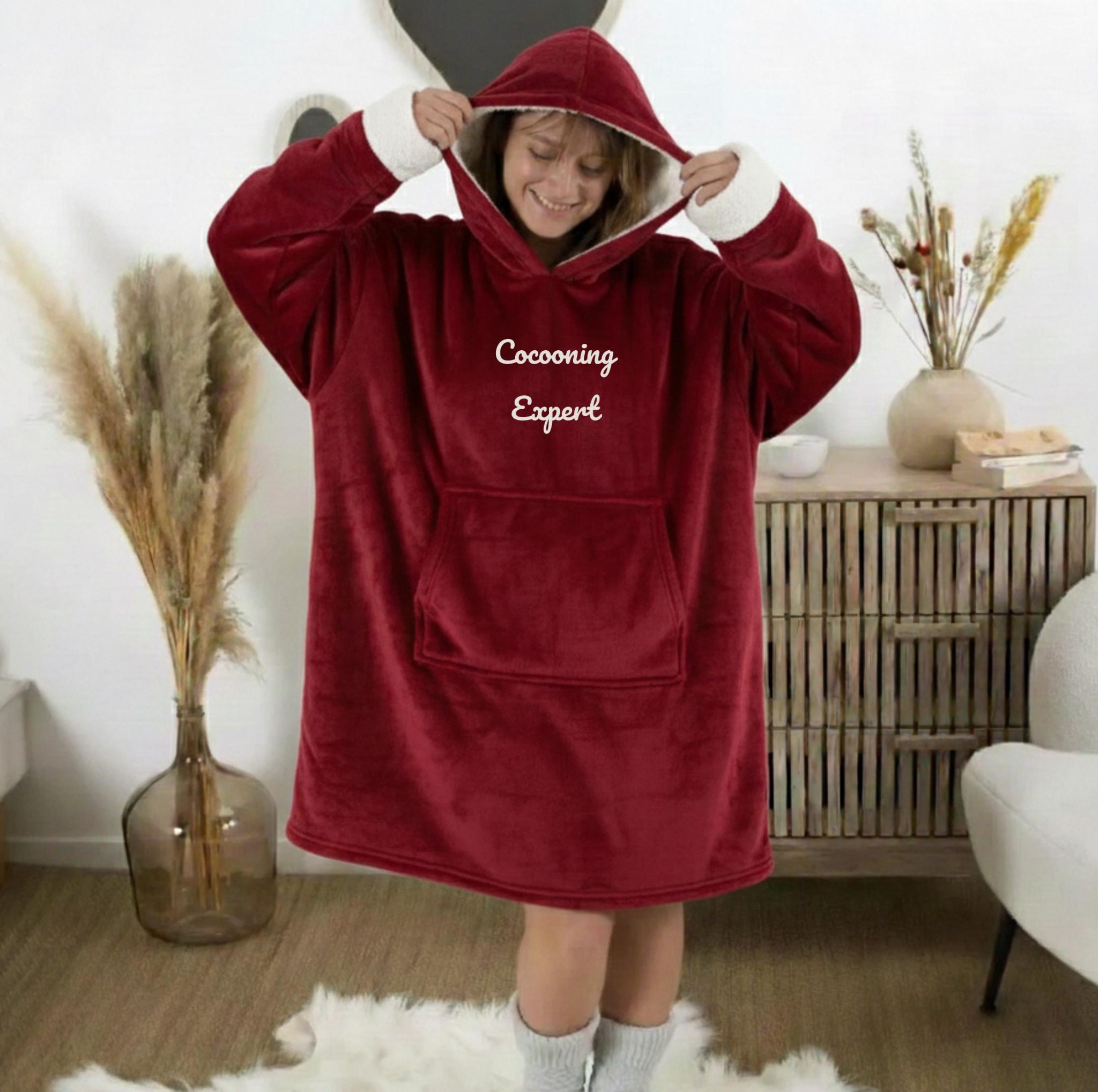 Personalized Embroidered Sherpa Hooded Blanket Sweatshirt — sweat plaid brodé