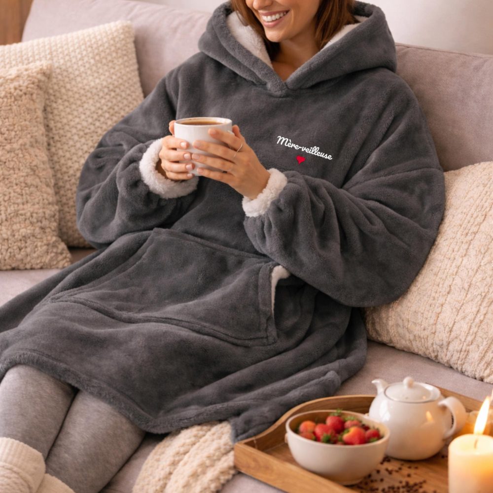 Sweat plaid personnalisé brodé « Mère-veilleuse » – Cadeau fête des mères, maman, cocooning, doux et chaud, taille unique, plaid maman