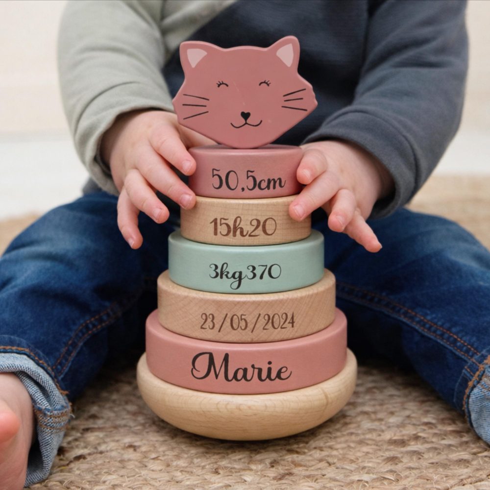 Tour naissance personnalisée Trixie avec anneaux à empiler- cadeaux de naissance, nouveau né cadeau bébé, jouet en bois bébé, souvenir