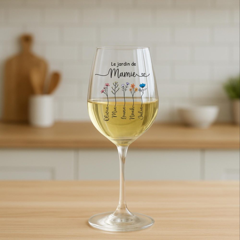 Verre personnalisé “Le jardin de Mamie” – fête des grands-mères, verre à vin personnalisé, cadeau maman, mamie, verre prénom enfant Mamie