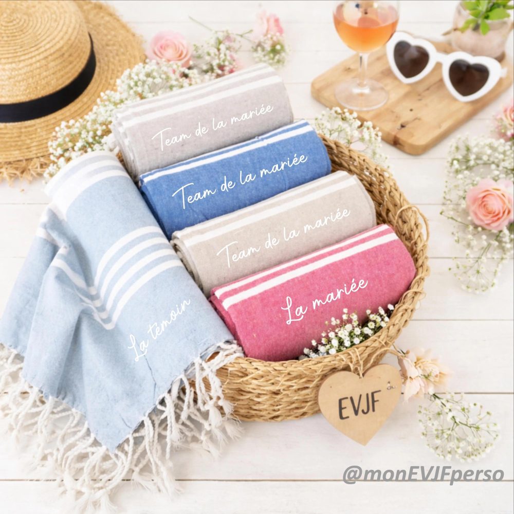 Fouta de plage personnalisé evjf - cadeau témoin mariage, serviette team de la mariée, serviette de plage, cadeau famille serviette voyage
