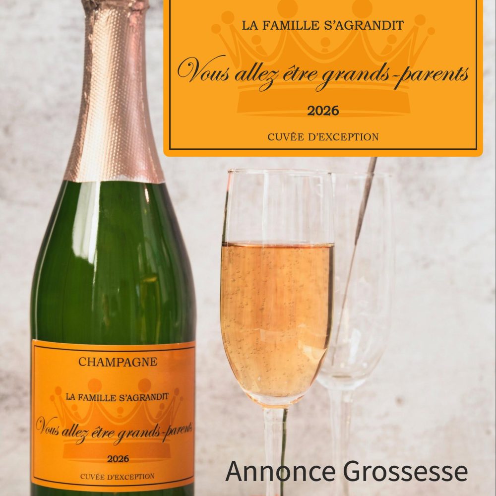 Étiquette bouteille de champagne annonce grossesse, Vous allez être grands-parents, arrière grand-père, papy, mamie, sticker bouteille