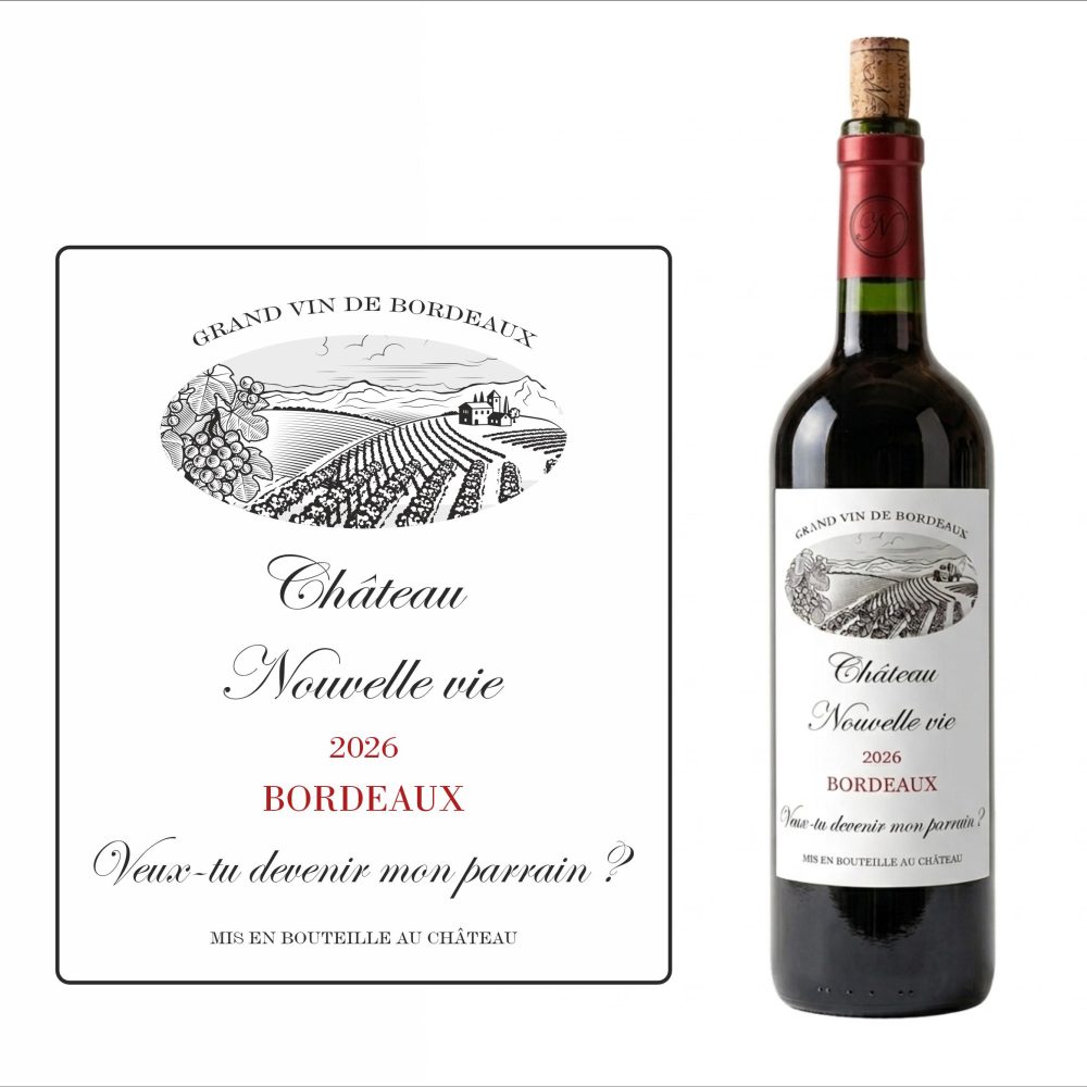 Veux-tu devenir mon parrain ? Etiquette pour bouteille de vin annonce grossesse, demande parrain ou marraine.