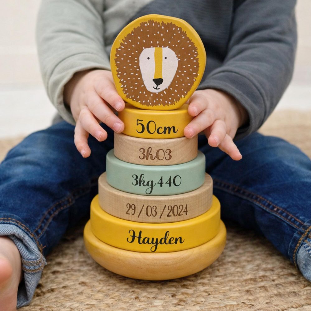Idée cadeau de naissance souvenirs - Tour trixie personnalisé, cadeau surprise naissance bébé, jouet de naissance informations, jouet bébé