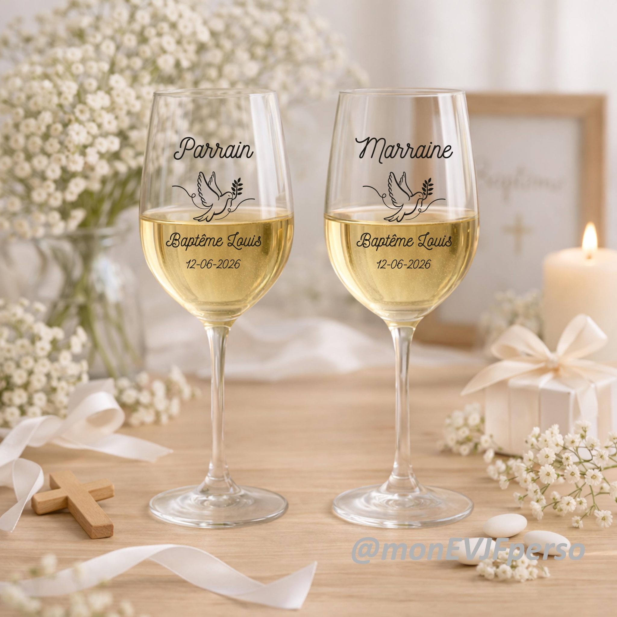 Verre à vin personnalisé Parrain Marraine – cadeau baptême, prénom, date, souvenir cérémonie, verre à pied 400 ml, parrain marraine cadeau — idée cadeau baptême