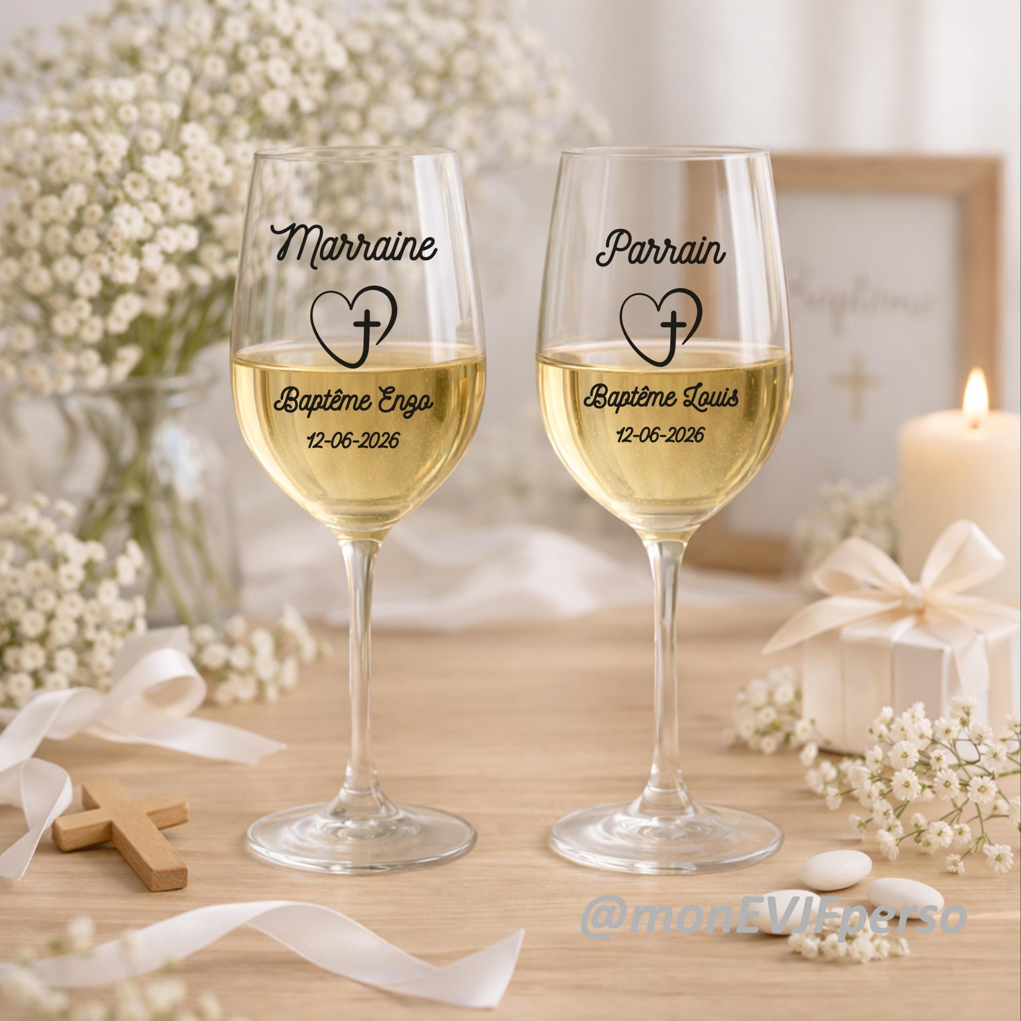 Verre à vin personnalisé Parrain Marraine – cadeau baptême, prénom, date, souvenir cérémonie, verre à pied 400 ml, parrain marraine cadeau — verre baptême