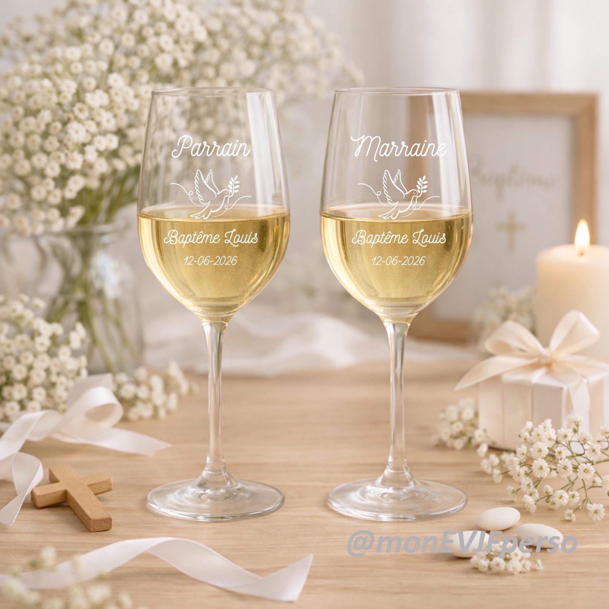 Verre à vin personnalisé Parrain Marraine – cadeau baptême, prénom, date, souvenir cérémonie, verre à pied 400 ml, parrain marraine cadeau