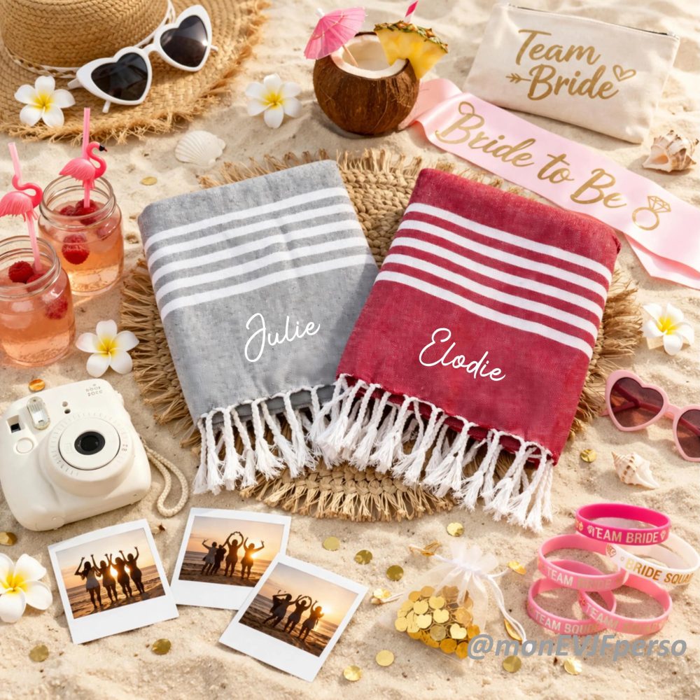 Serviette de plage personnalisé EVJF - fouta de voyage personnalisé famille, cadeau evjf, idée cadeau personnalisé prénom, serviette plage