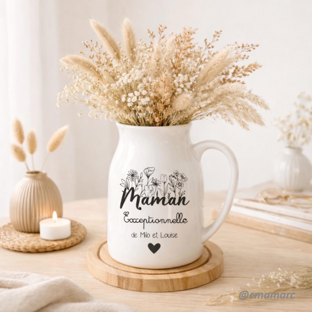 Vase personnalisé “Maman exceptionnelle” – fête des mères, Pichet céramique personnalisé, cadeau maman, mamie, marraine, maîtresse, nounou