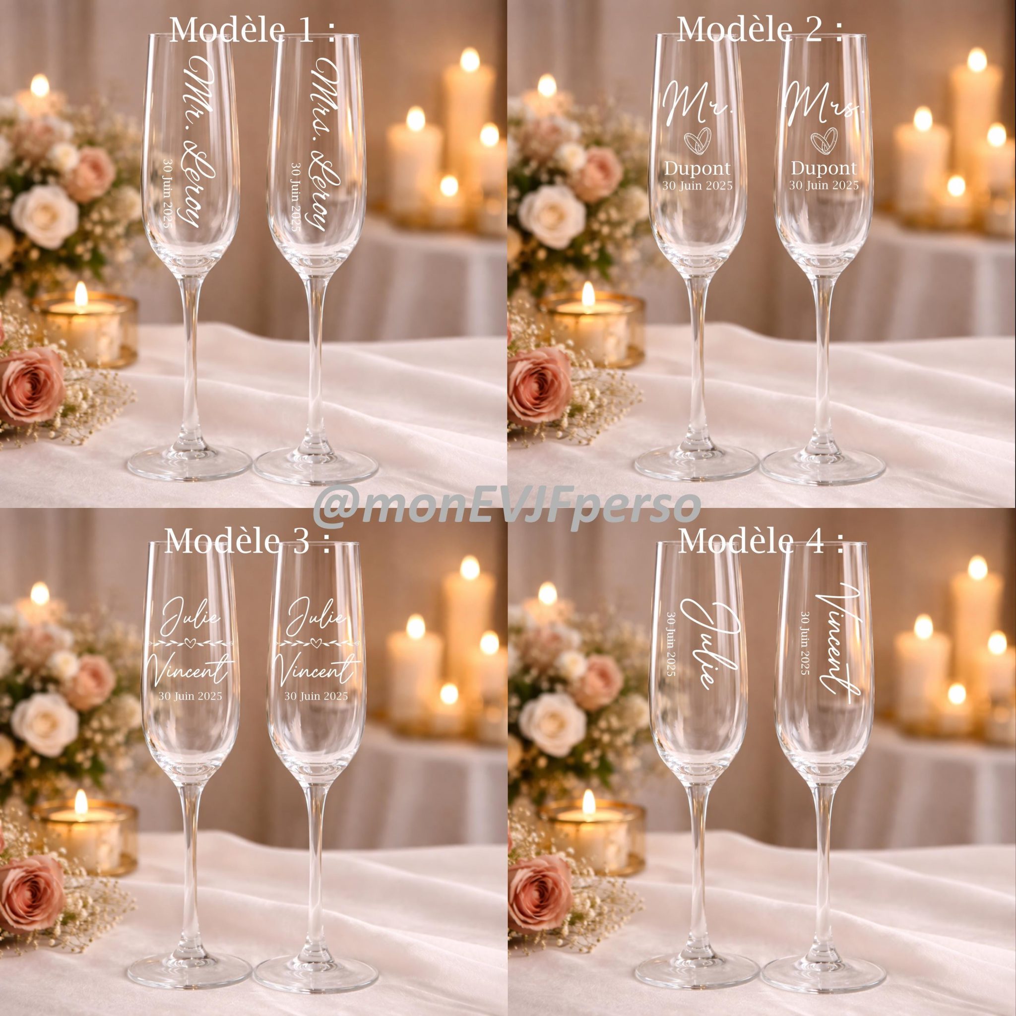 Cadeau de mariage personnalisée – Flûte à champagne mariés, fiançailles, M.&Mme, prénom date, verre toast mariage, témoin, souvenir mariage — Flûte champagne mariage