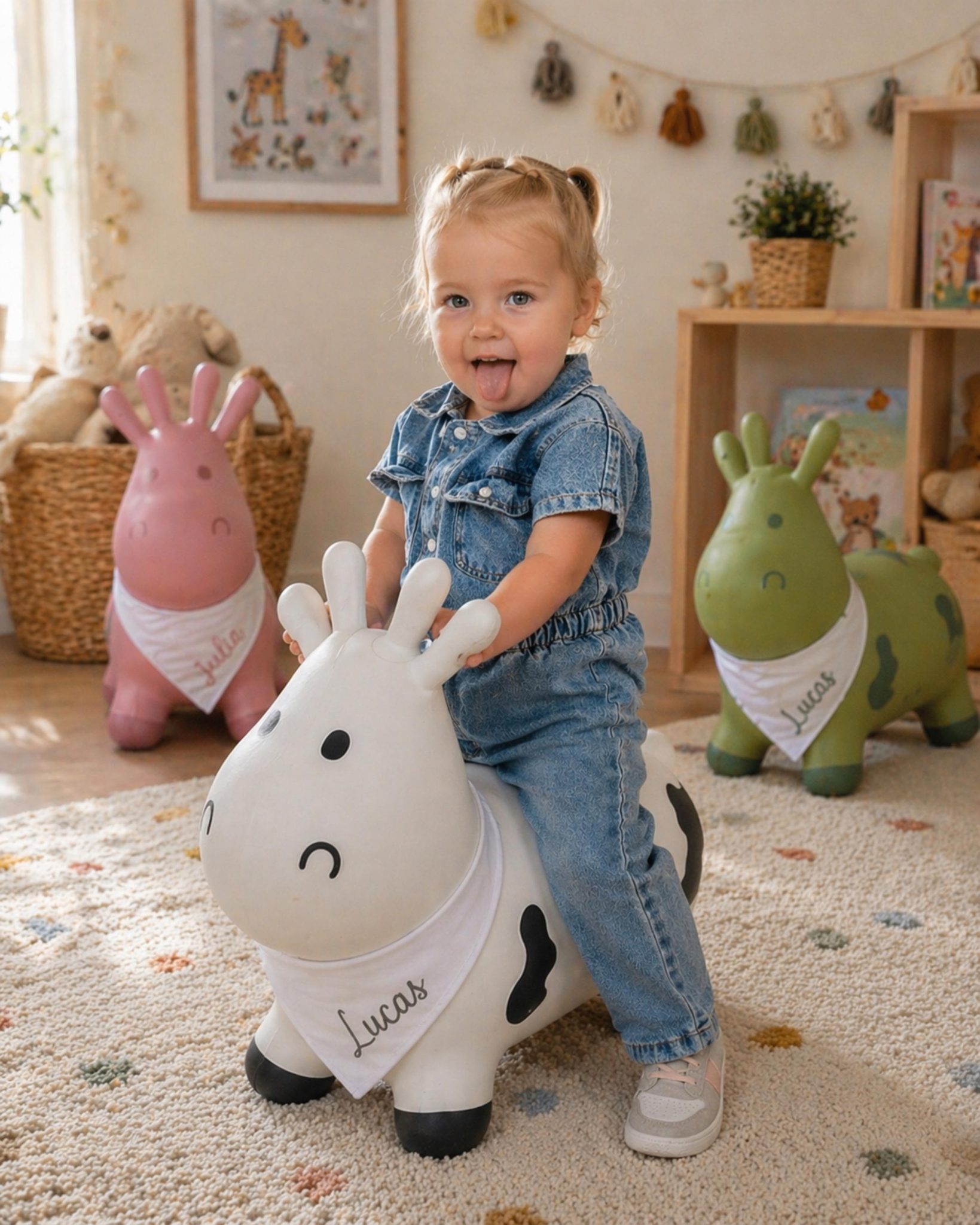 Ballon sauteur enfant personnalisé vache– cadeau baptême, anniversaire bébé 1 an, jouet prénom, animal sauteur premier âge, baptême bébé — ballon sauteur