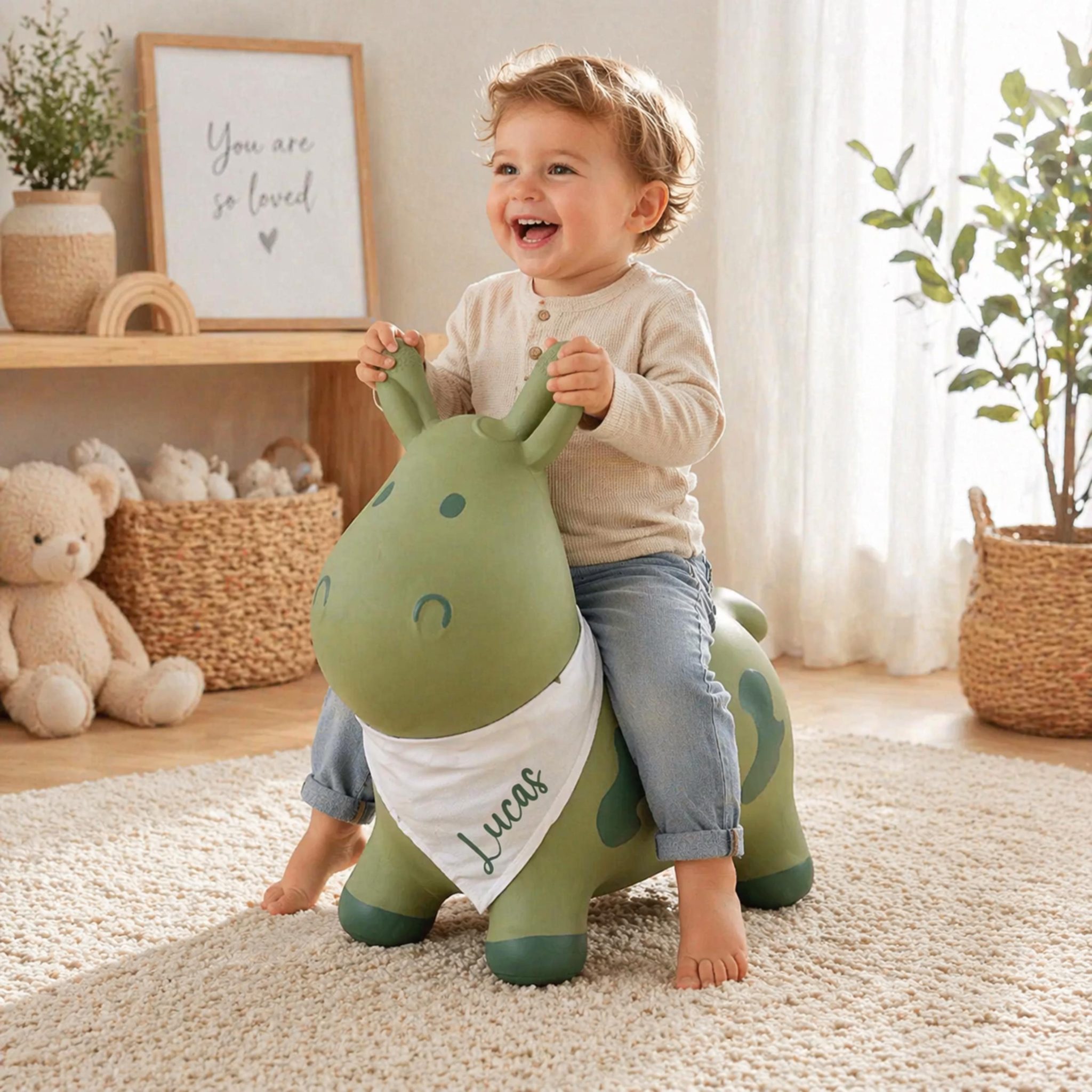Ballon sauteur enfant personnalisé vache– cadeau baptême, anniversaire bébé 1 an, jouet prénom, animal sauteur premier âge, baptême bébé — idée cadeau baptême