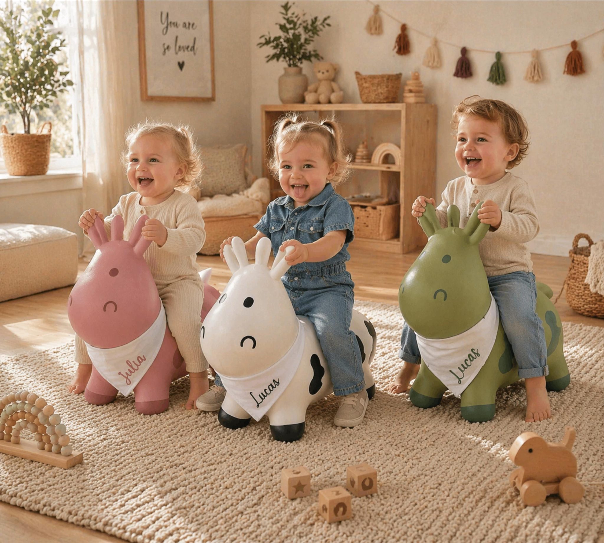 Ballon sauteur enfant personnalisé vache– cadeau baptême, anniversaire bébé 1 an, jouet prénom, animal sauteur premier âge, baptême bébé