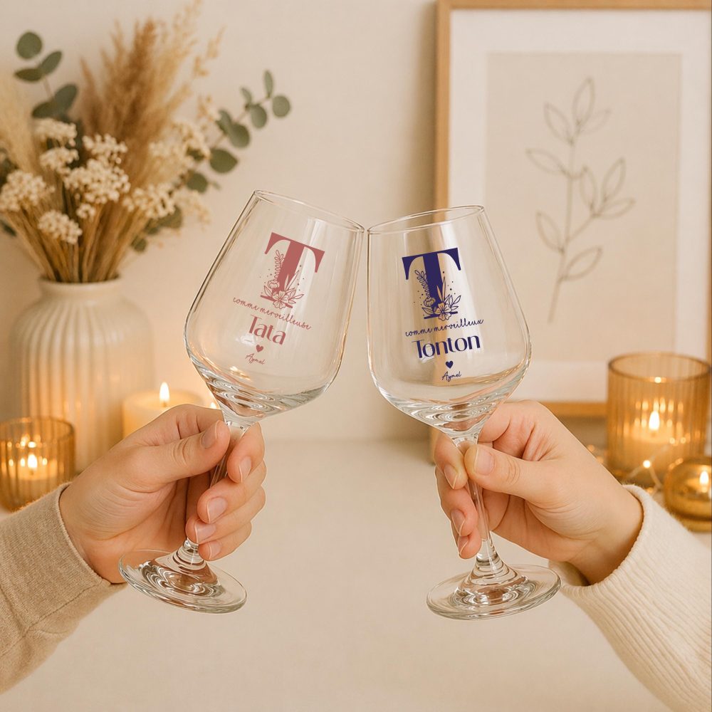 Cadeau Noël Tata Tonton personnalisé – verre à vin avec prénom, idée cadeau famille, souvenir élégant, verre personnalisé, apéro tata tonton