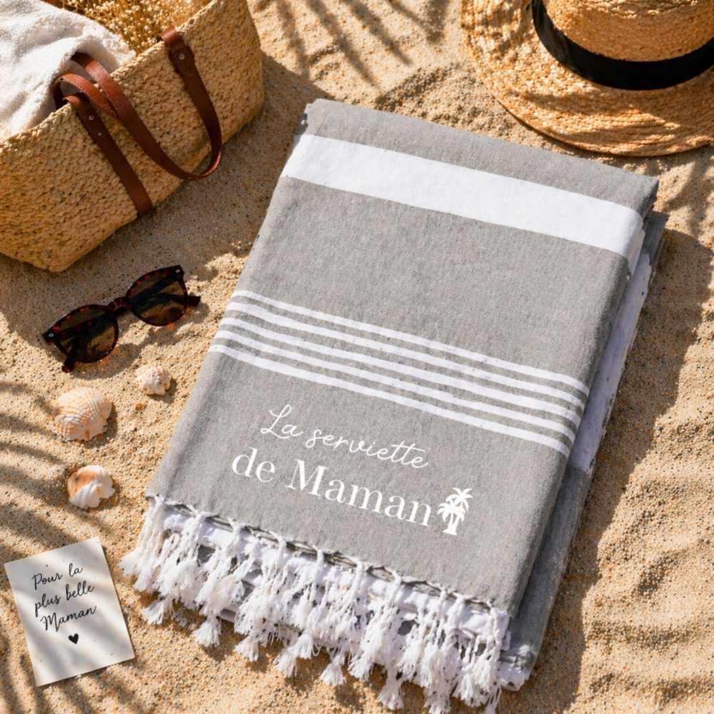 Fouta Maman personnalisée – Cadeau fête des mères, serviette plage personnalisée, paréo femme, cadeau maman original, serviette maman