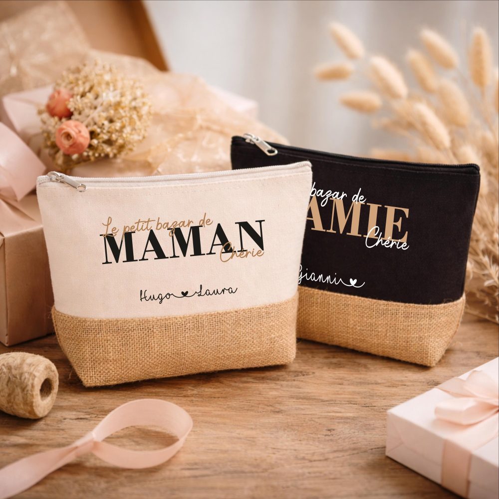 Trousse Maman personnalisée “Le petit bazar de maman chérie” – Cadeau fête des mères, trousse maquillage personnalisée, cadeau maman