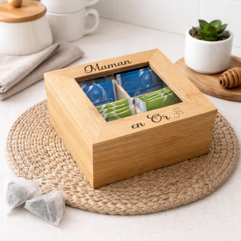 Boite à thé personnalisée gravée. Idée cadeau maman, mamie, tata, papi, maitresse, nounou, atsem...Coffret bois pour rangement thé