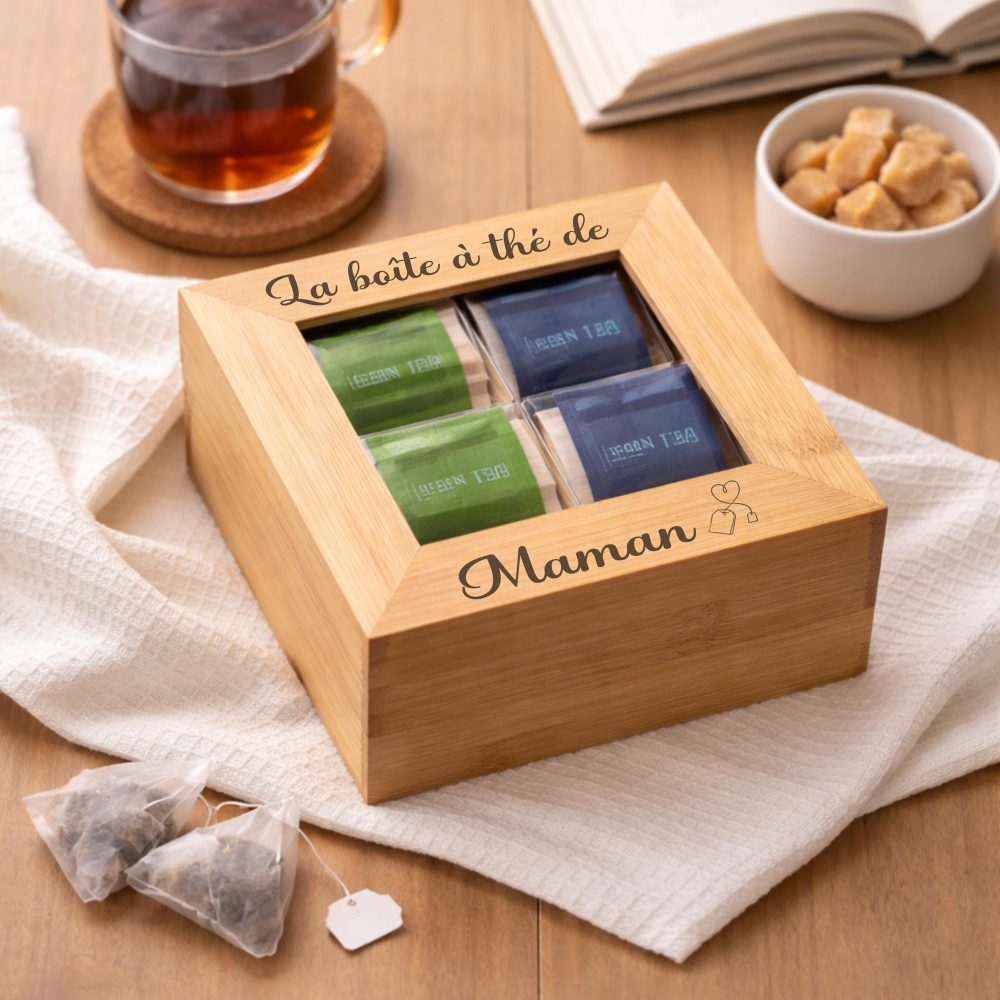 Boite à thé en bois Maman, idée cadeau gravé maman - fête des mères, boîte à thé personnalisé, idée cadeau maman, boîte thé maman