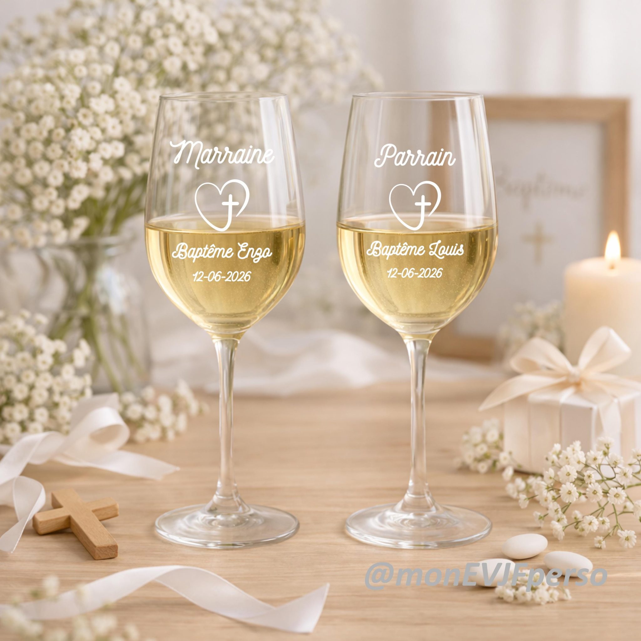 Verre à vin personnalisé Parrain Marraine – cadeau baptême, prénom, date, souvenir cérémonie, verre à pied 400 ml, parrain marraine cadeau — verre parrain marraine