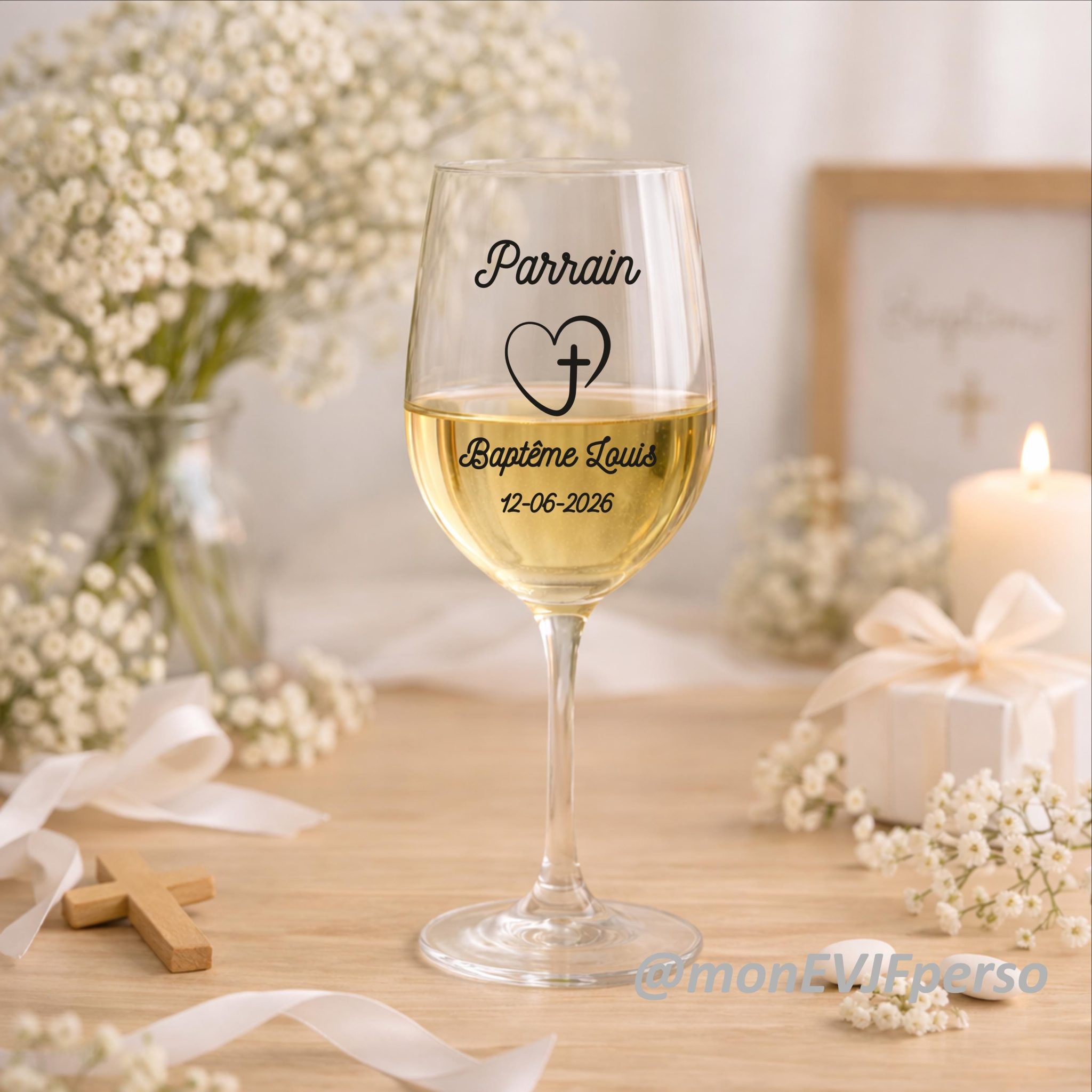 Verre à vin personnalisé Parrain Marraine – cadeau baptême, prénom, date, souvenir cérémonie, verre à pied 400 ml, parrain marraine cadeau — cadeau baptême