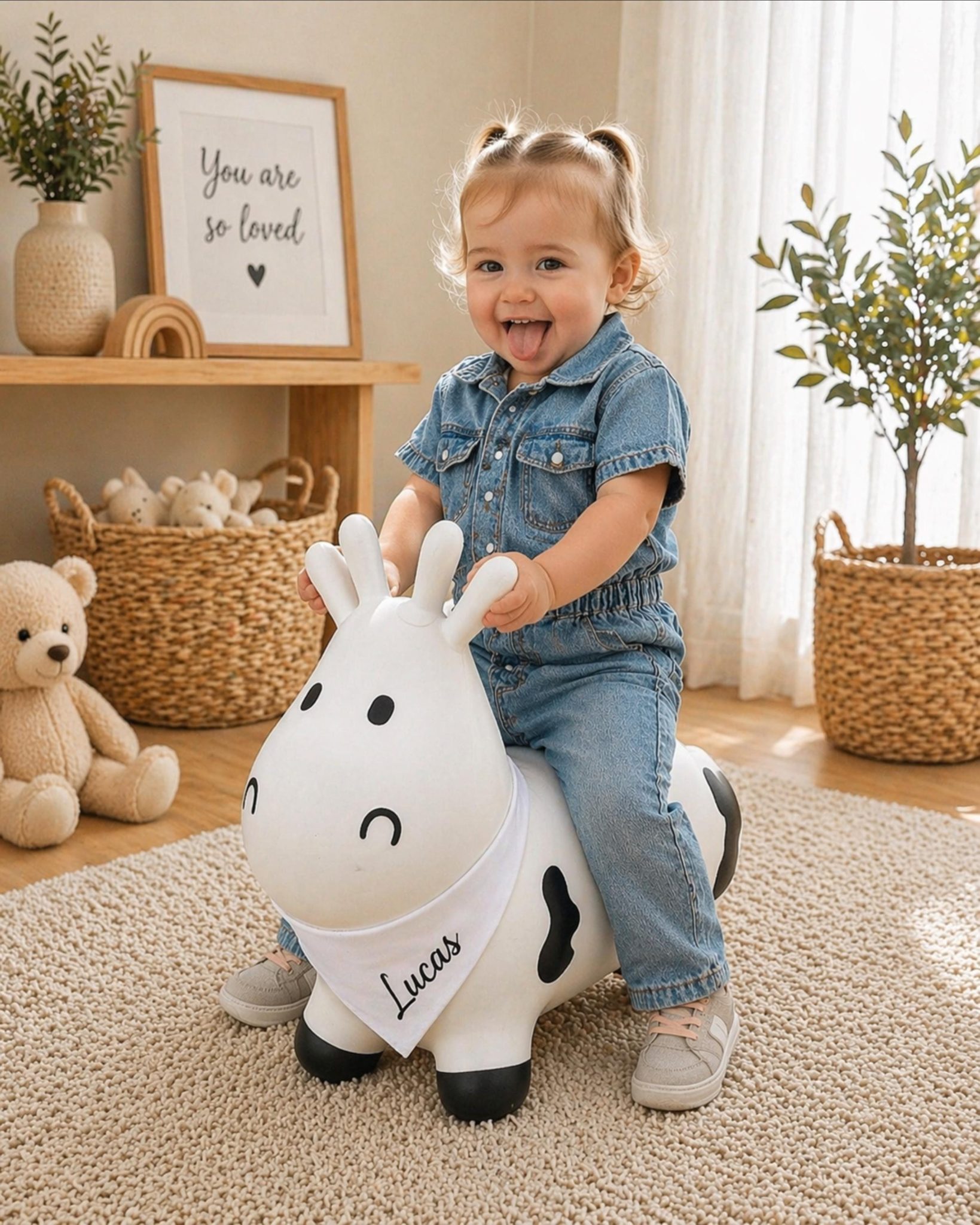 Ballon sauteur enfant personnalisé vache– cadeau baptême, anniversaire bébé 1 an, jouet prénom, animal sauteur premier âge, baptême bébé — cadeau baptême