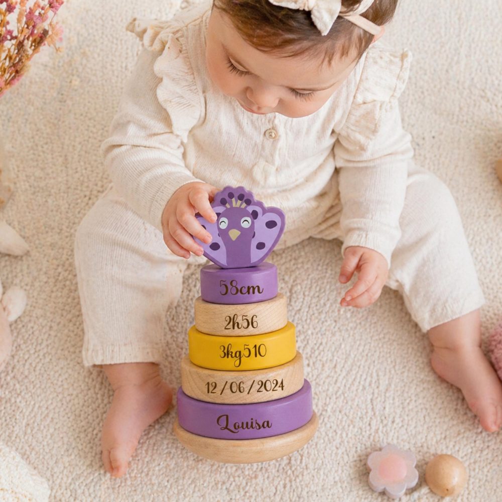Cadeau de naissance Tour personnalisé trixie Paon - cadeau petit fille, naissance enfant fille, cadeau information de naissance, idée fille
